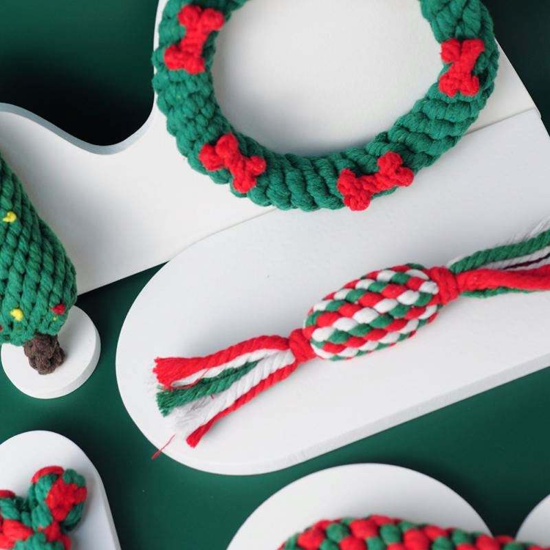 Christmas Pet Cotton Rope Toy Cane Tooth Cleaning Dog Tooth Grinding Toy Bite Resistant Knot Dog Toy Set