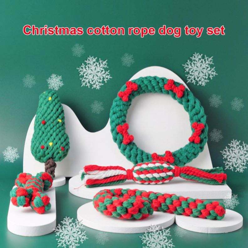 Christmas Pet Cotton Rope Toy Cane Tooth Cleaning Dog Tooth Grinding Toy Bite Resistant Knot Dog Toy Set