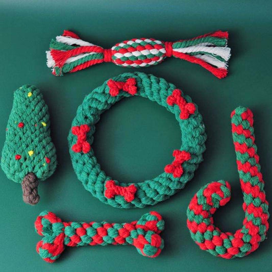 Christmas Pet Cotton Rope Toy Cane Tooth Cleaning Dog Tooth Grinding Toy Bite Resistant Knot Dog Toy Set